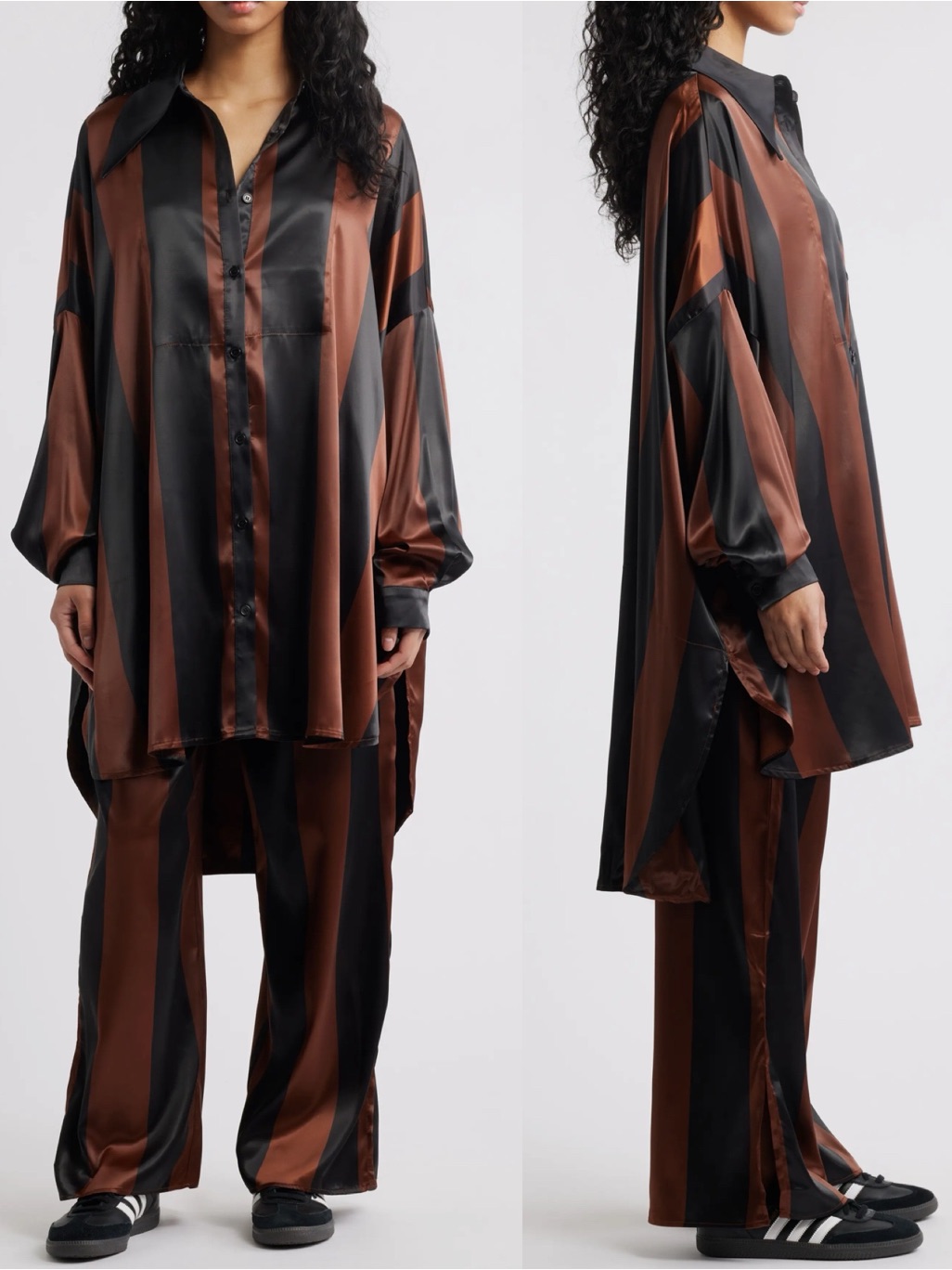 Dressed In Lala Satin Button Up Shirt In Posh Stripe Black Brown Oversized Xs